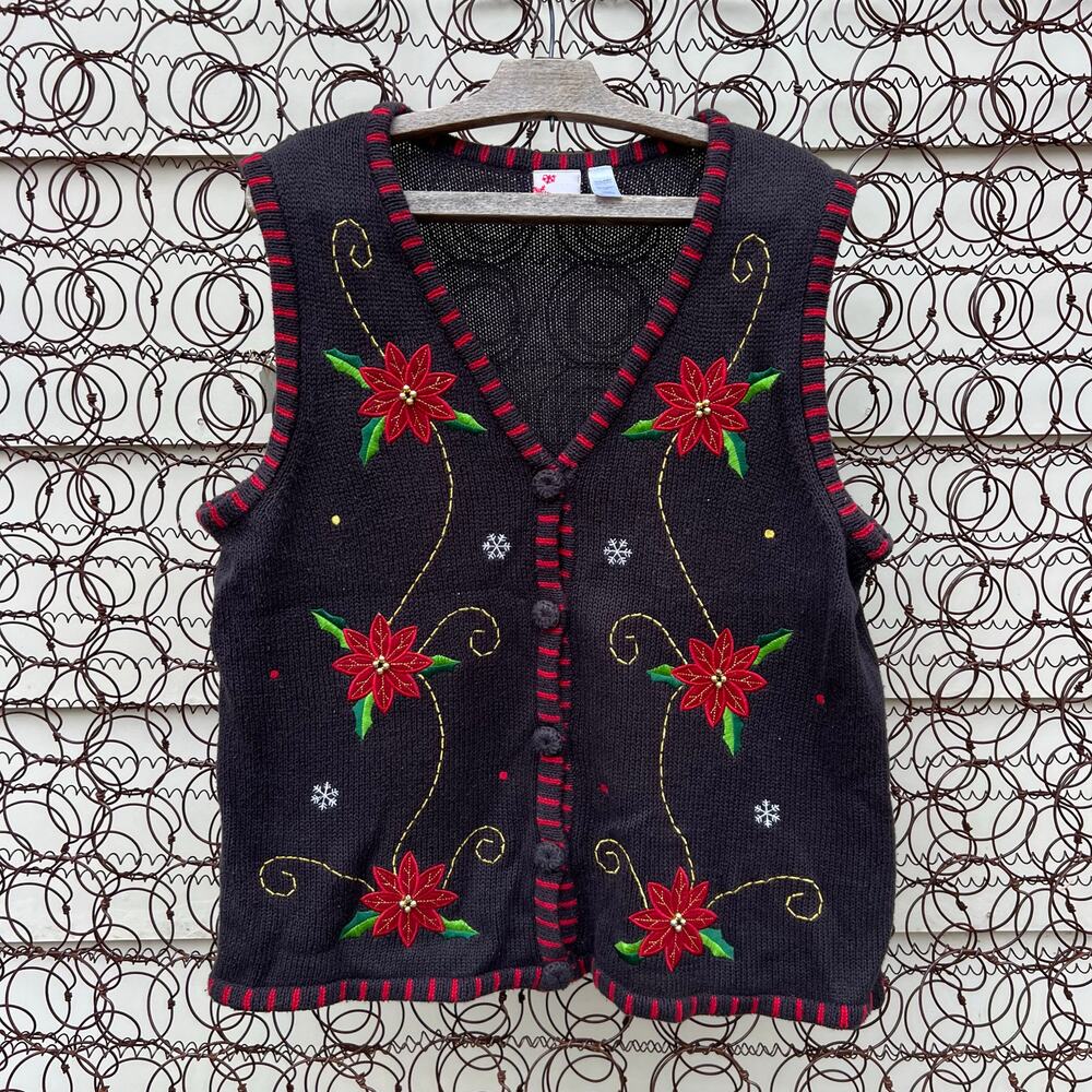 Vintage Y2K Ugly Christmas Red Poinsettia Beaded Embroidered Sweater Vest LARGE